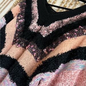 Vintage Pink, Peach & Black Striped V-Neck Sweater
